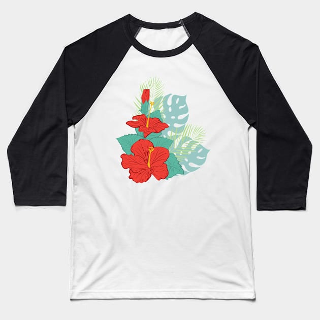 Hibiscus and Palms Baseball T-Shirt by SWON Design